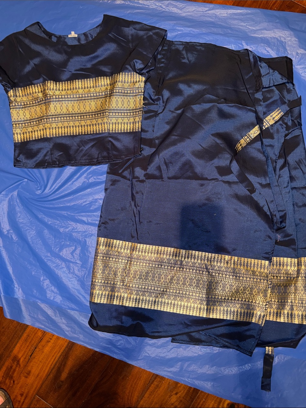 Women's Navy Two-Piece Set with Gold Patterned Trim